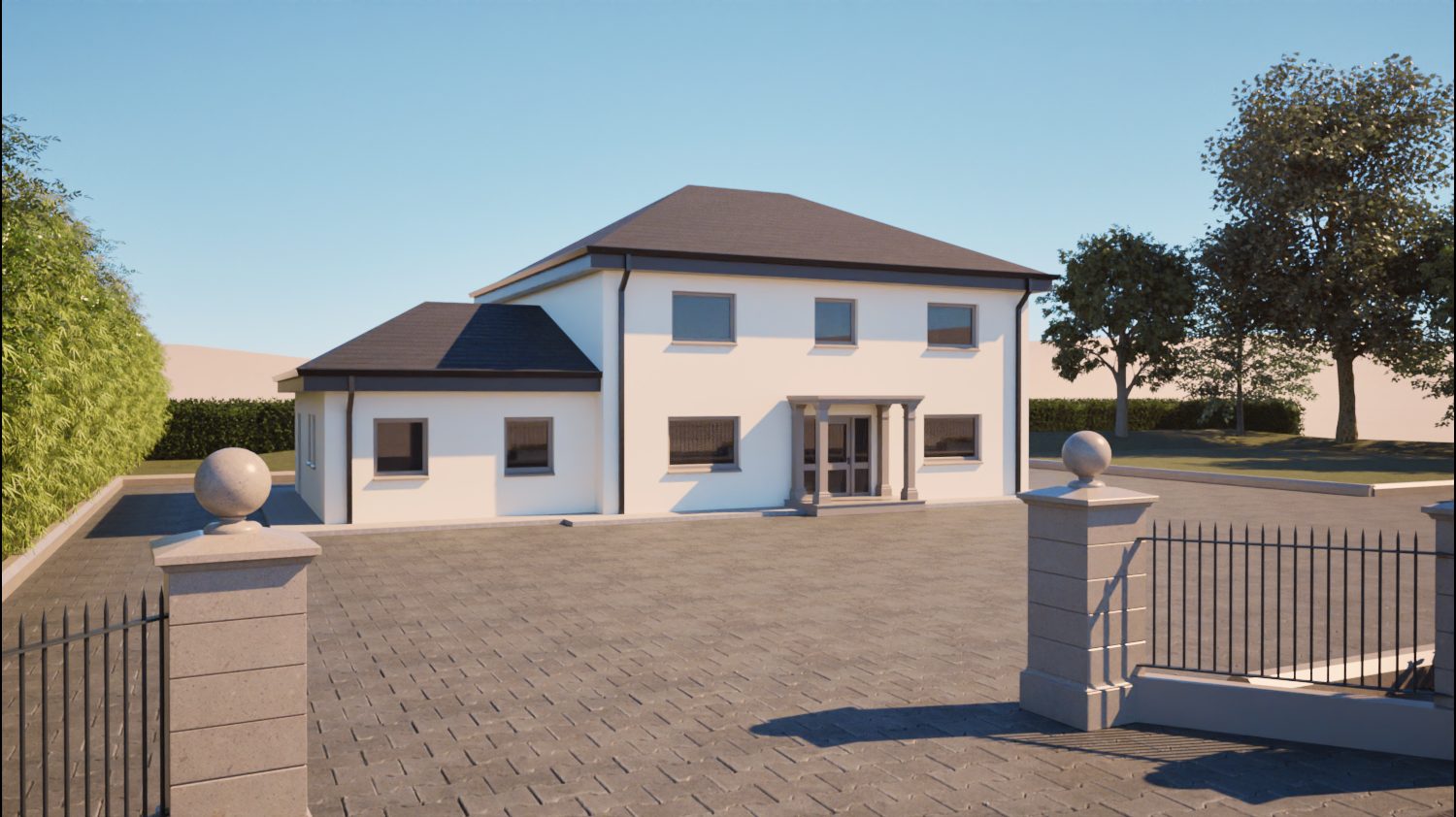 Residential exterior visualisation — warm evening light