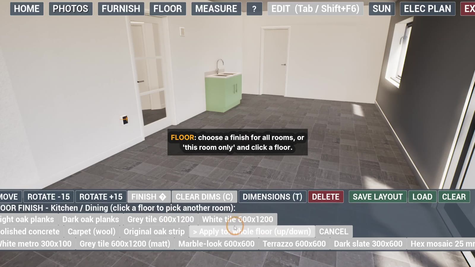 Floor finish menu with a kitchen tile applied