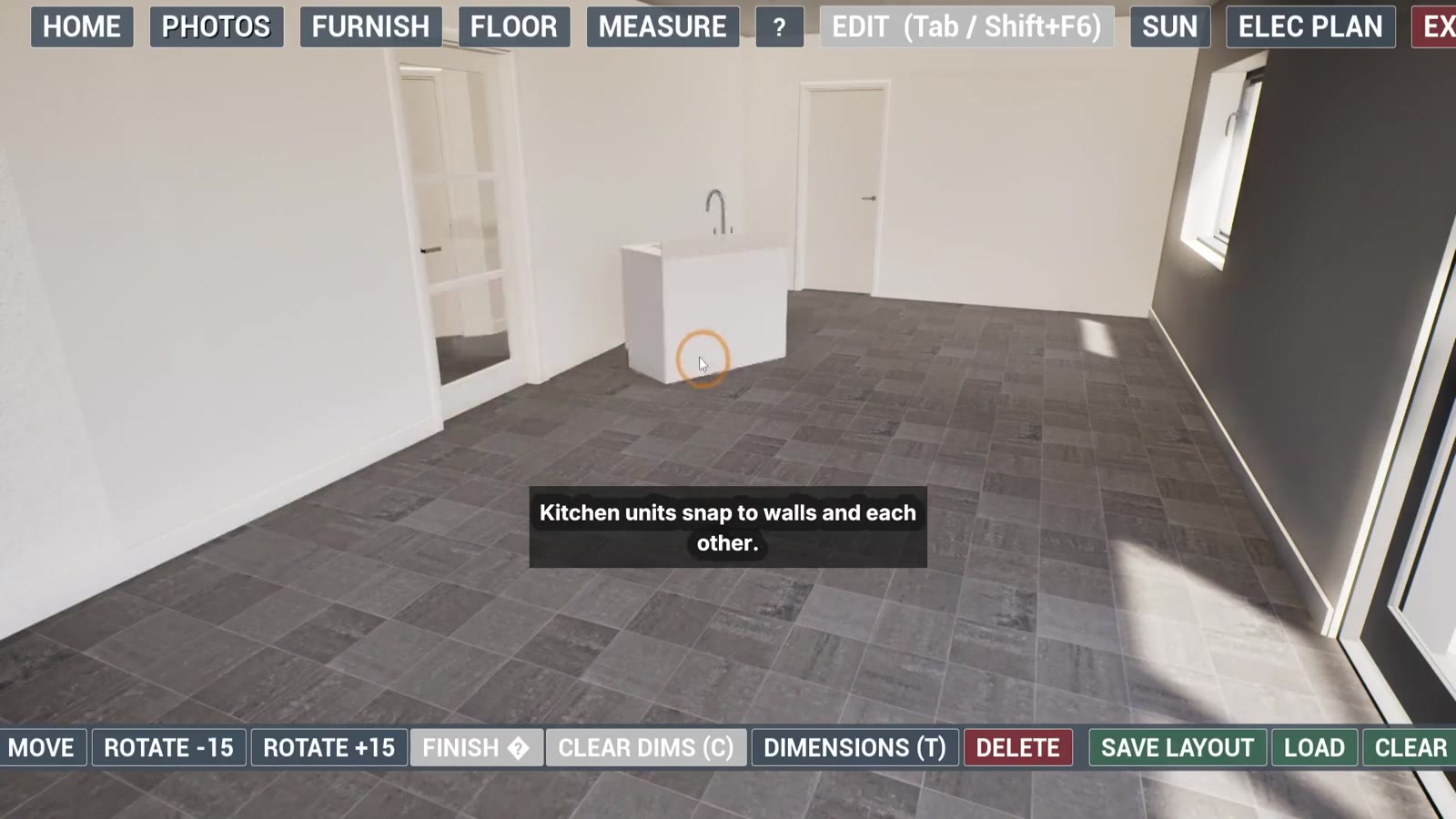 Furnish menu open with electrical items listed